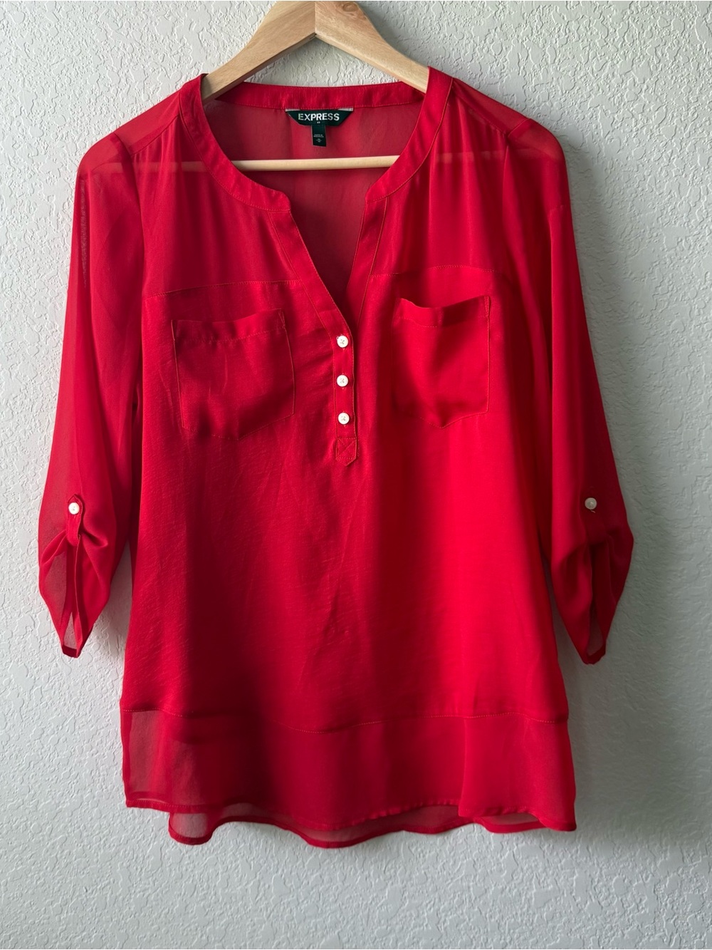 Express Women's Red Split-Neck Sheer Blouse